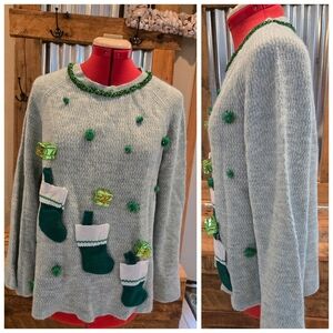 Mint Green Christmas Sweater Pullover M Garland Packages Bell Sleeves